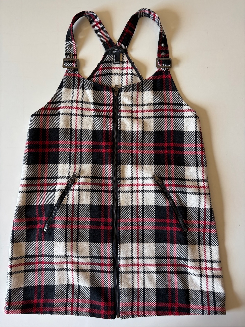 Forever 21 women’s Large Plaid Pinafore Mini Dress Front Zip jumpers adjustable